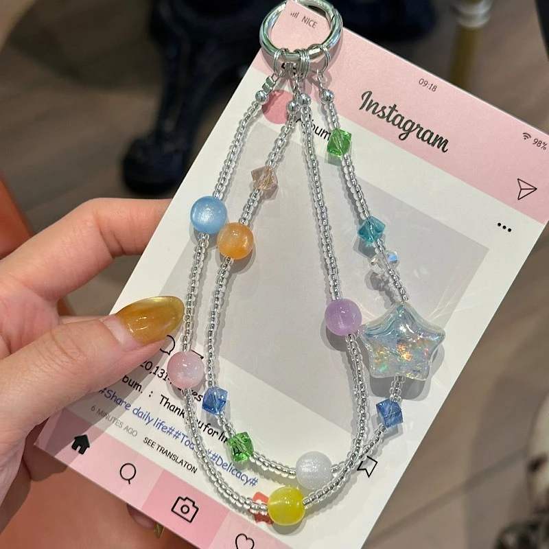 

Korean Cute 3D Star Beaded Phone Chain Charm Lanyard For iPhone Samsung Universal Anti-Loss Hanging Rope Jewelry Phone Lanyard