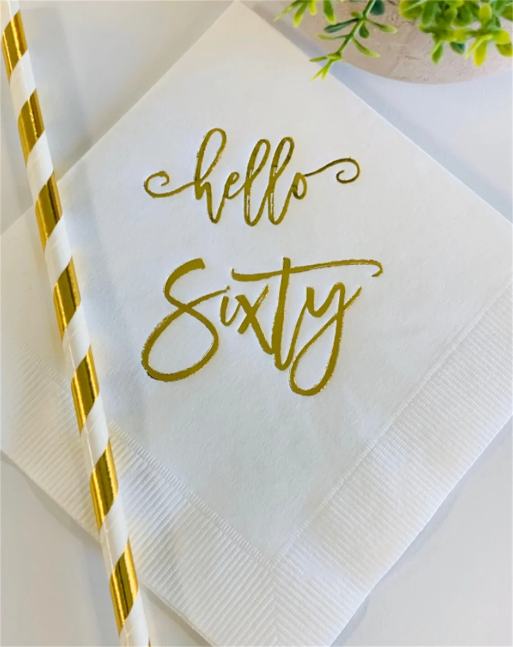 

50PCS Hello Sixty White or Black w/Metallic Gold Foil Cocktail Beverage Napkins 3 Ply Happy Birthday 60th Hello 60 Metallic Gold