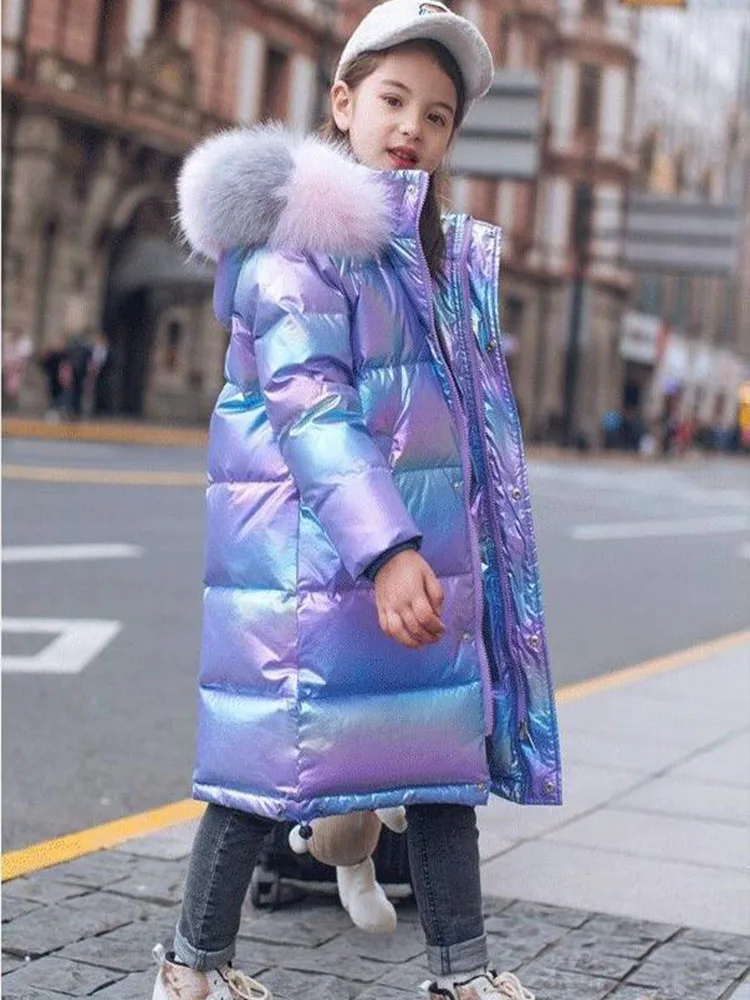 Shiny Fabric Hooded Down Jacket For Girls Windproof Coat Children Cotton Outerwear Teenage Winter Kids Parka Snowsuit 5-14 Year