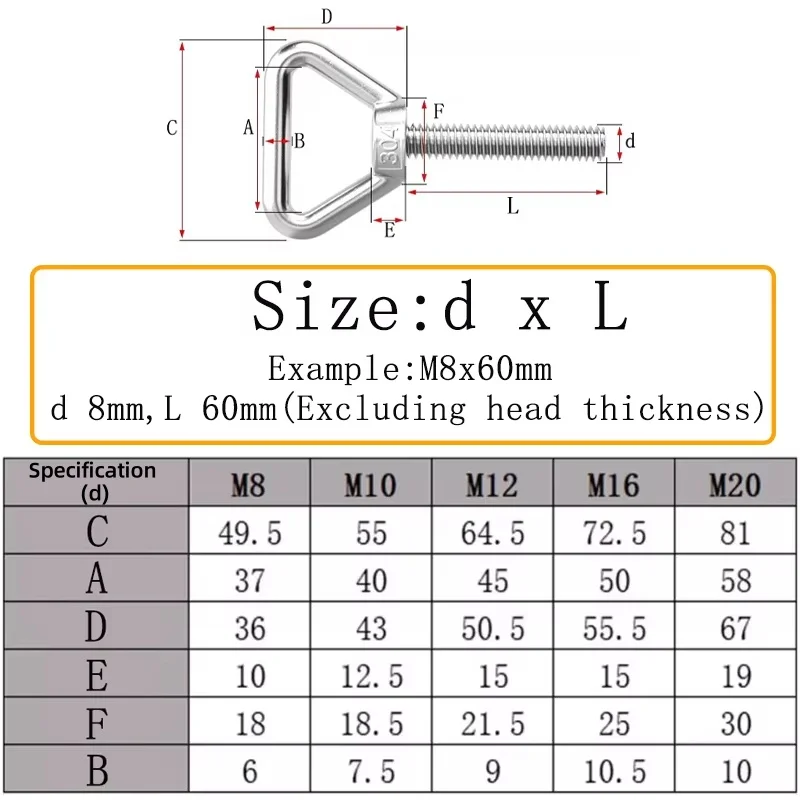 1pcs M8 M10 M12 M16 M20 Triangular Lifting Ring Bolts Screw 304 A2 Stainless Steel Welded Load-Bearing Bolt Fastener L= 20~300mm