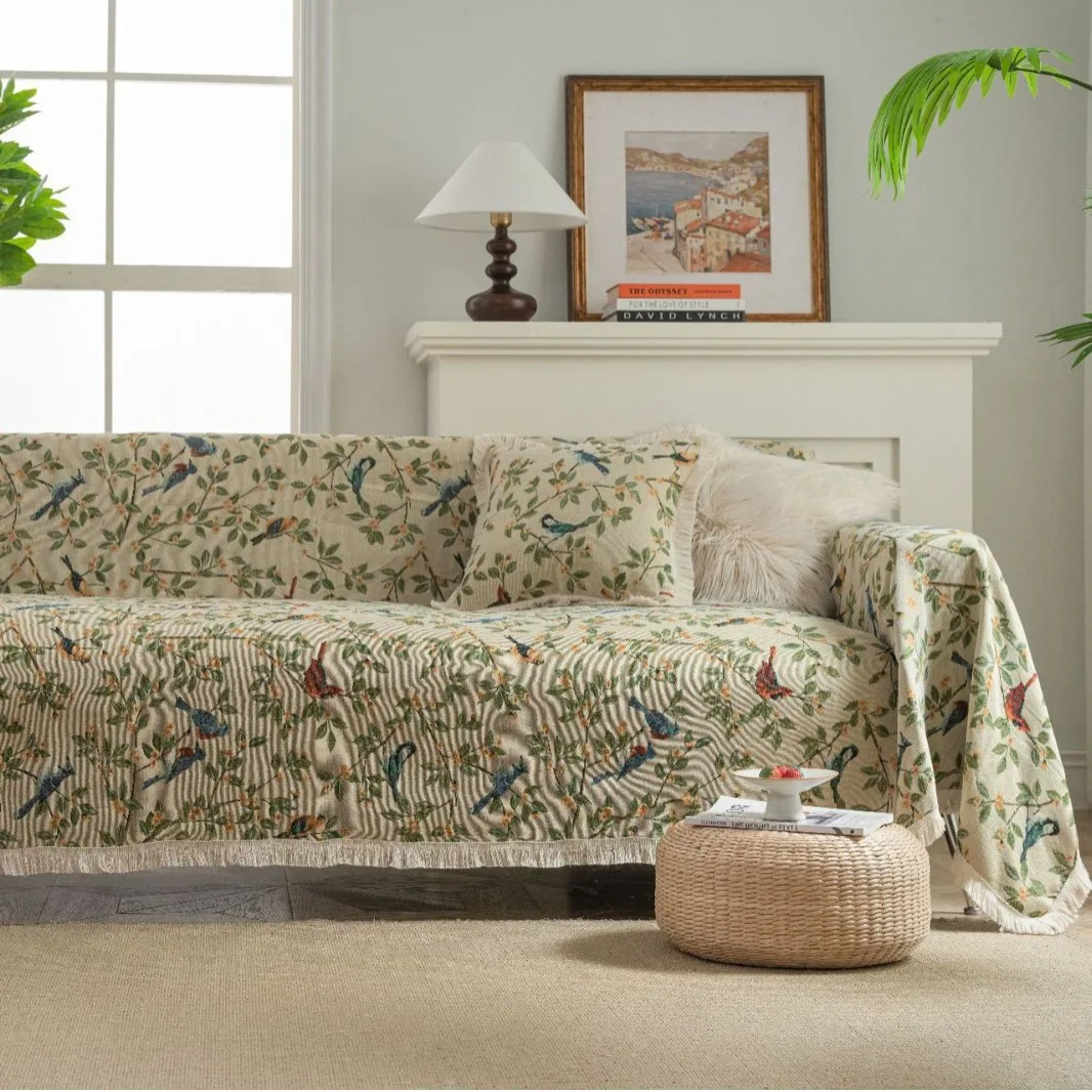 

Sofa Towel Prevent Cat Scratching Jacquard Flower Bird Green Retro Festive Thick Sofa Cover Blanket