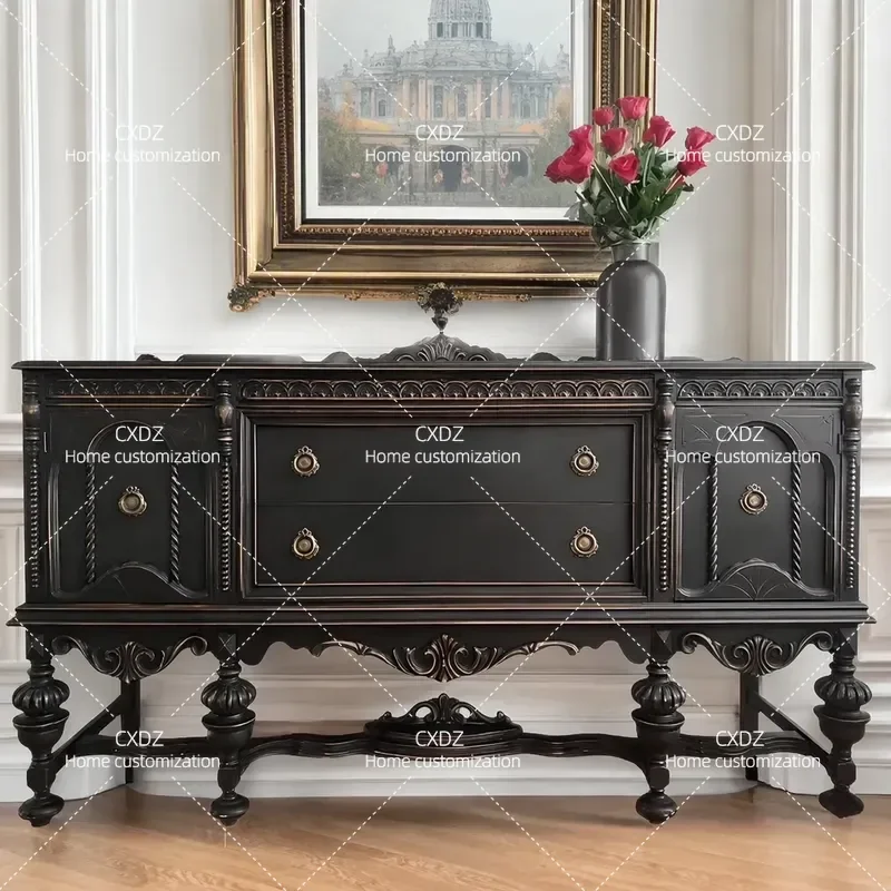 Solid Wood Retro Carved Foyer Entrance Cabinet Living Room Decorative Locker Dining Side Cabinet Partition Storage Unit