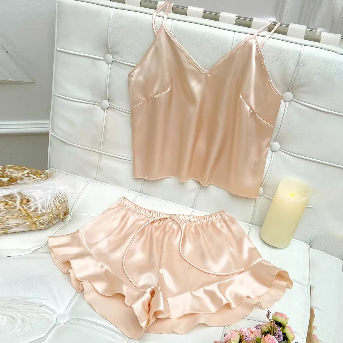 Solides Satin-Pyjama-Set mit V-Ausschnitt, Cami-Oberteil, Rüschen-Shorts, Damen-Nachtwäsche, Loungewear – Detail 10