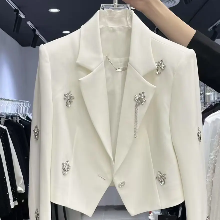 

Hot Stamping Nail Bead White Casual Coat Women Heavy Fashion Vintage Jackets Japanese Loose Irregular All-match Tops Mujer
