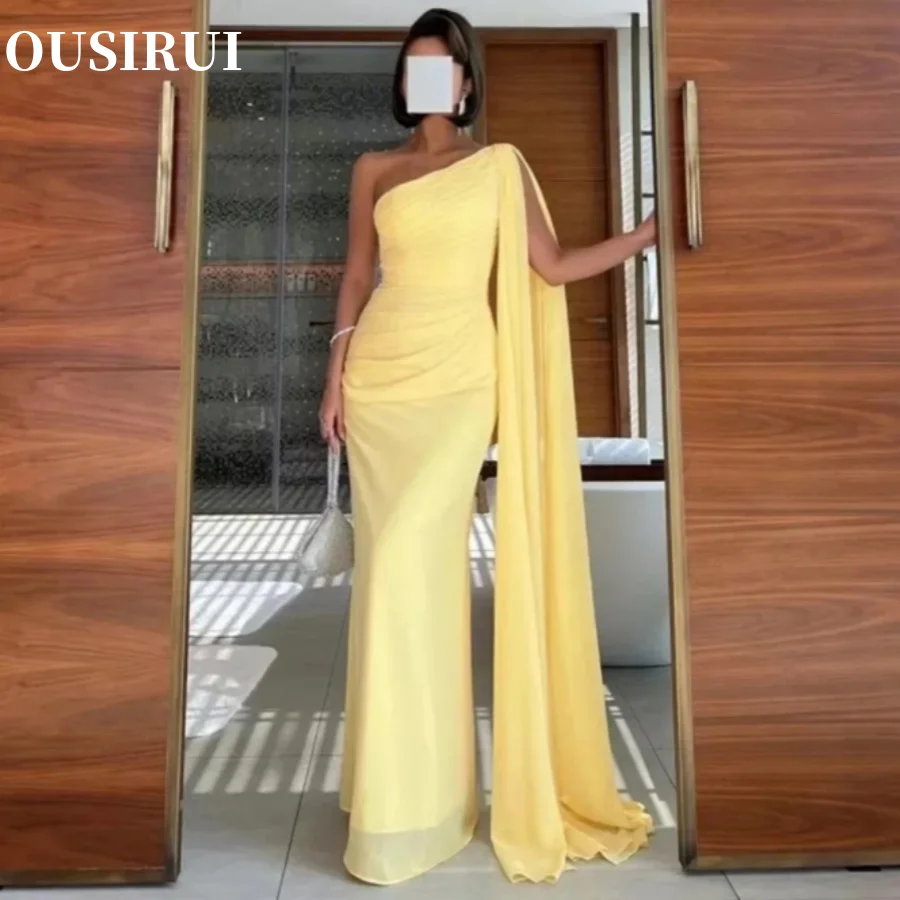 

OUSIRUI Women Prom Gowns Floor Length Formal Evening Dress Mermaid Yellow Chiffon Prom Dresses One Shoulder Specail Party