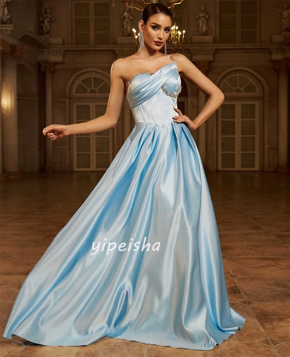Customized High Quality Elegant Charmeuse Rhinestone Pleat A-line Strapless Long Dresses Bespoke Occasion Dresses Modern Style