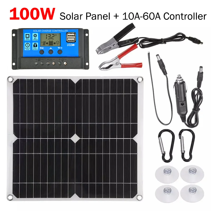 100W Dual USB Ports Solar Panel Kit Complete with 10/20/30/40/50/60A Controller Solar Cell for Car Yacht RV Boat Battery Charger