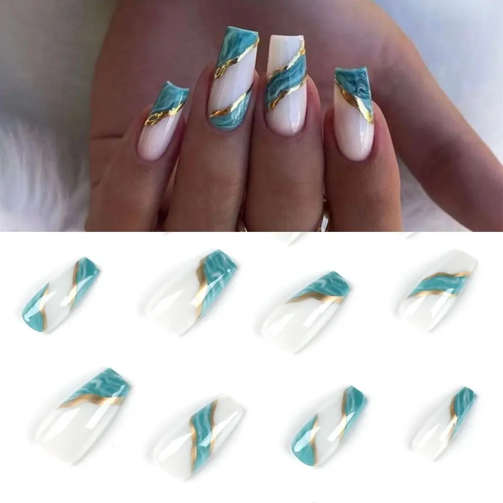 24pcs Fake Nails Long French Ballerina Green Haloed Gold Line Full Cover Press on Nails DIY Detachable Manicure Nail Tips