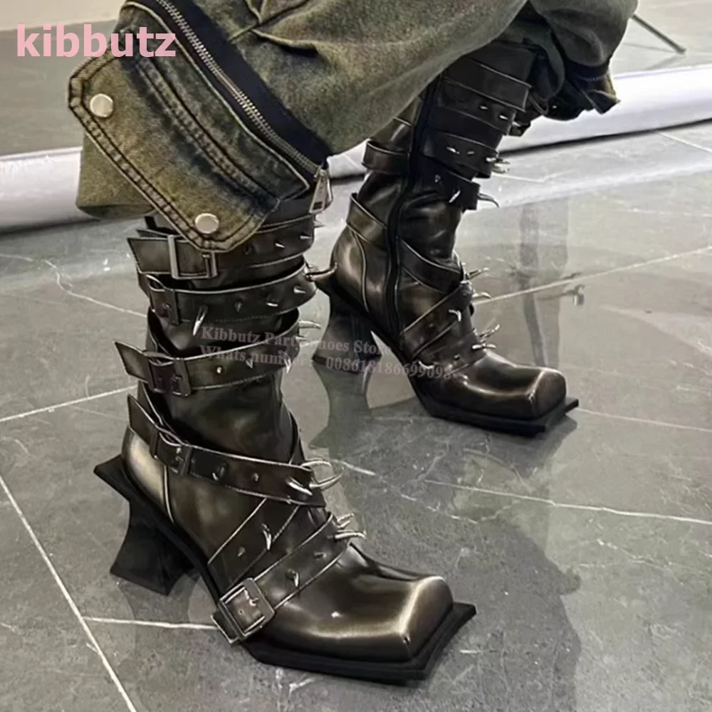 

Luxury Rivet Belt Buckle Knight Boots Knee High Rub Colour Punk Square Toe Strange Heel Dark Genuine Leather Fashion Shoes New