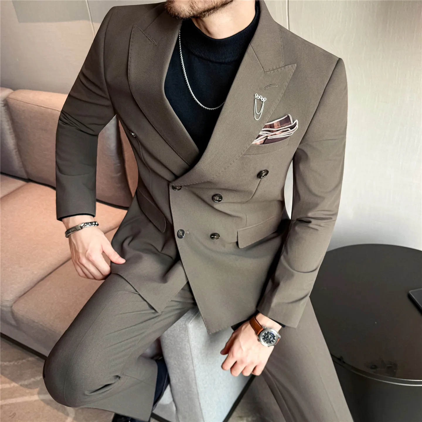 

Brand Two-piece Suit for Men British Style Double Breasted Casual Business Suit Blazer Trousers Office Party Prom Wedding Suits