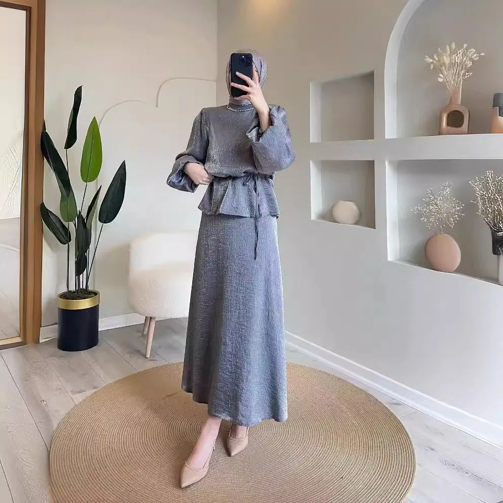 

Women's Muslim Suit 2024 New Solid Color Spliced ​​Puff Sleeve Half Turtle Collar Comfortable Casual Commute Elegant Skirt Suit