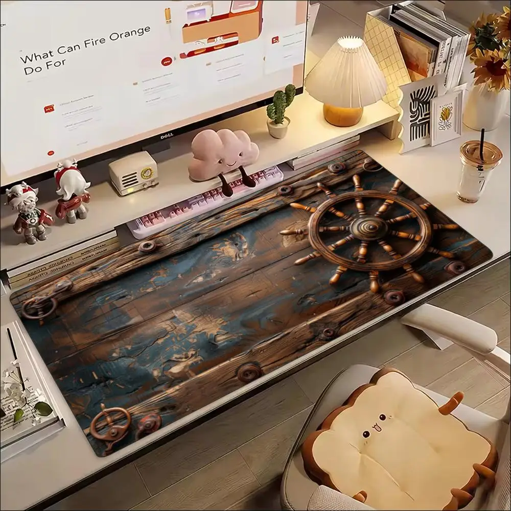 Vintage Pirate Ship Wheel Nautical Art Non‑Slip Rubber Large Mouse Pad Keyboard Mat For Gaming And Daily Desktop Activities