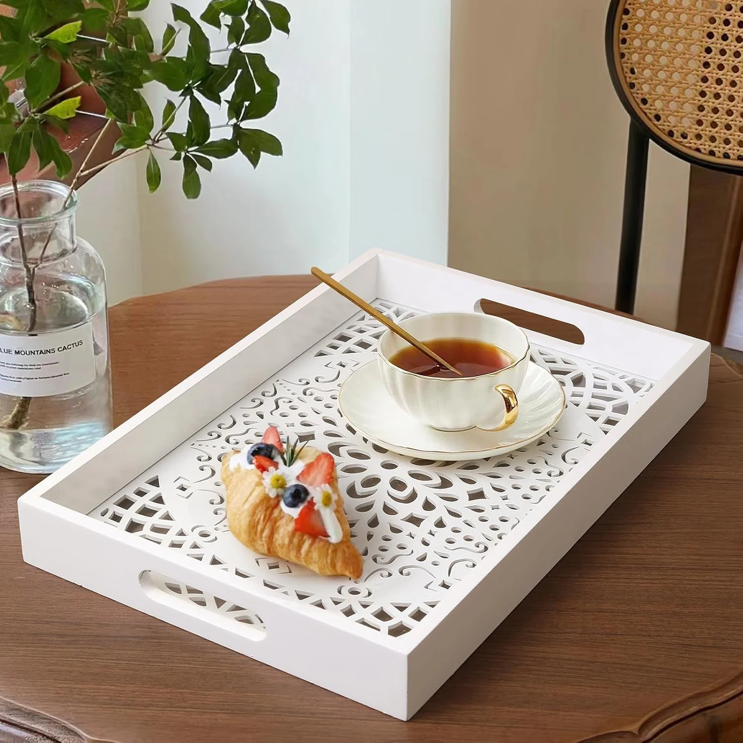 

Wood Rectangle Tray with Handles Bohomian Style Coffee Table Tray Ottoman Tray Candles Tray Perfume Tray for Home Decoration