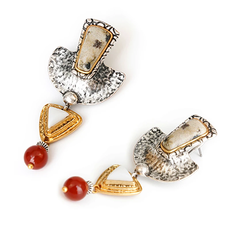 

Vintage Women Geometric Statement Stud Earrings Boho Chic Stone Insert Pendant 2 Tone Boho Metal Pendientes
