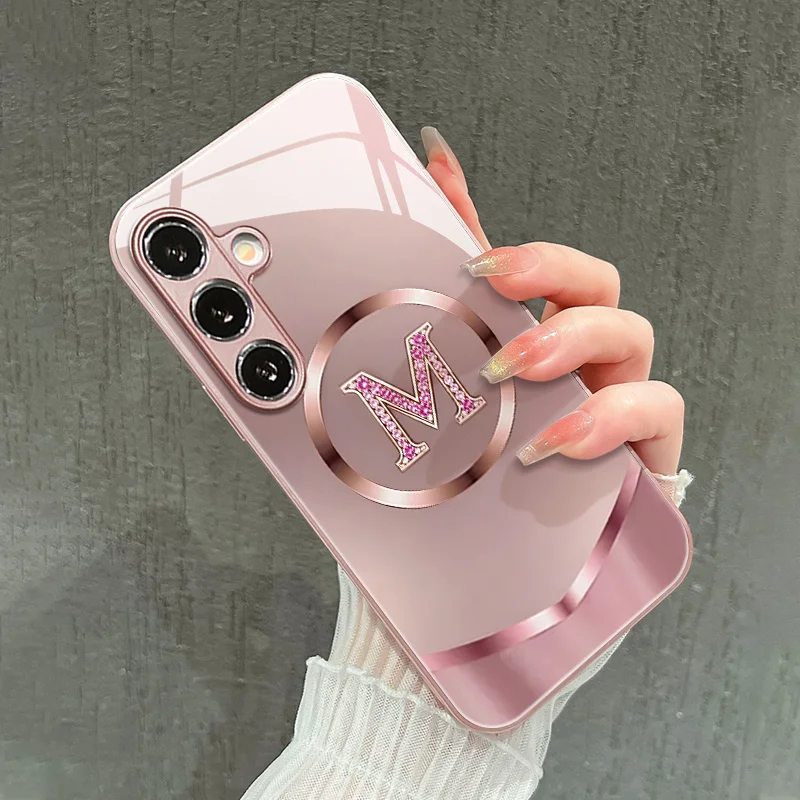 Premium Round  Diamond Letter M Pattern Glass Phone Case for Galaxy S26/S25/S24/S23/S22/S21 and other models