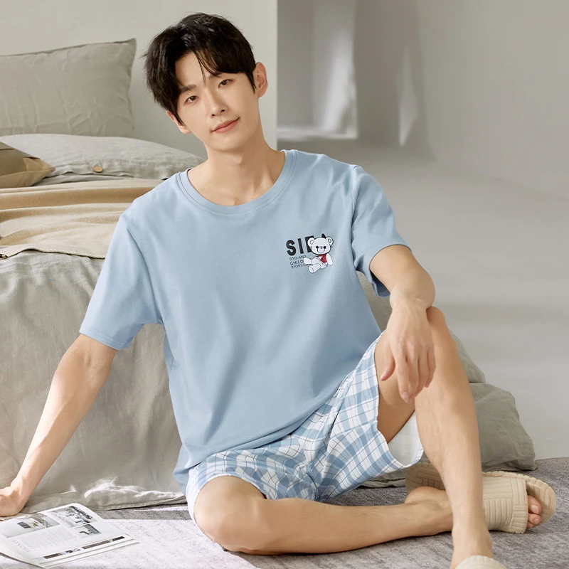 Korean Fashion Cotton Men's Pajamas Set Summer Short Sleeves Pant Home Clothes Young Boy Male Pjs Pyjamas Homme Blue Color