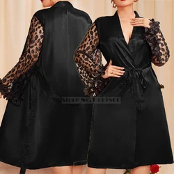 Oversize 4XL 5XL Female Robe Nightgown Sexy Hollow Out Lace Sleeve Kimono Bathrobe Gown Summer Mid Long Satin Home Dressing Gown