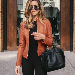 Women's pu leather jacket，AliExpress 2024 New hot autumn winter women's fashion leather PU suit solid color small coat 6036