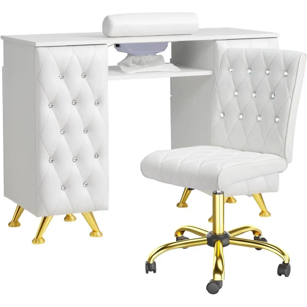 

White Acrylic Manicure Table with Dust Collector, Storage, and Hand Rest for Nail Technicians and Beauty Spa Services