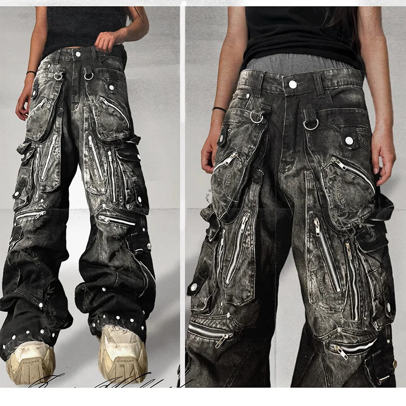 

Большие джинсы с несколькими карманами и широкими штанинами для мытья полов Y2k Джинсы в стиле хип-хоп Черные рваные мешковатые джинсы-карго Harajuku Готические брюки Уличная одежда
