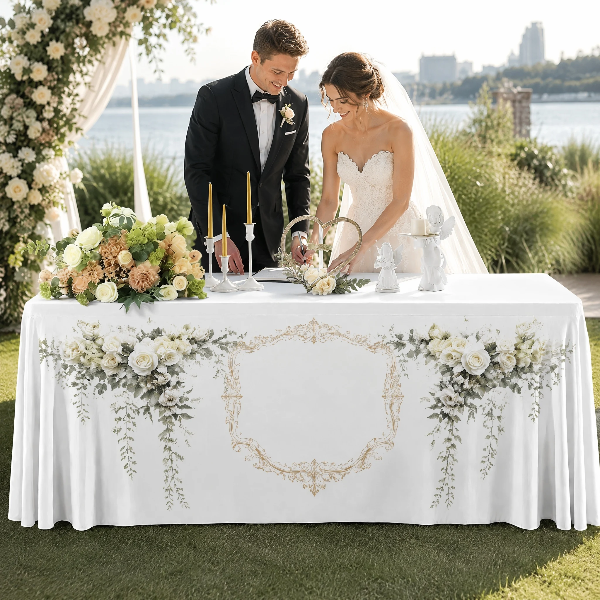 Romantic Custom Wedding Table Cover Personalized Name Floral Tablecloth for Bride Groom Reception Decoration