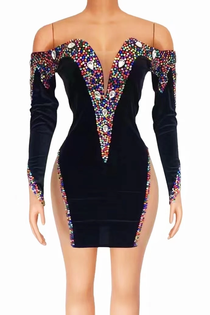 

Multi-color Rhinestones Long Sleeves BlackVelvet Dress Women Dancer Outfit BirthdayCelebrate Dress Bar Stretch Outfit Dress A132