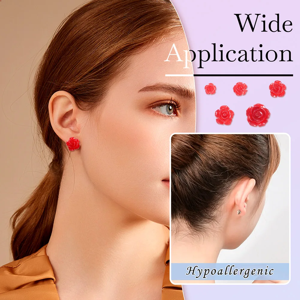 50Pcs Resin Red Rose Flower Stud Earrings 5 Size with 316 Stainless Steel Pins Friction Ear Nuts for Women Friends Fashion Gifts