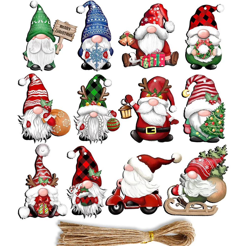 12pcs/set Christmas Wooden Santa Claus Multi Noface Santa Hanging Pendants 2023 Xmas Party Kids New Year Gifts Wrapping Supply