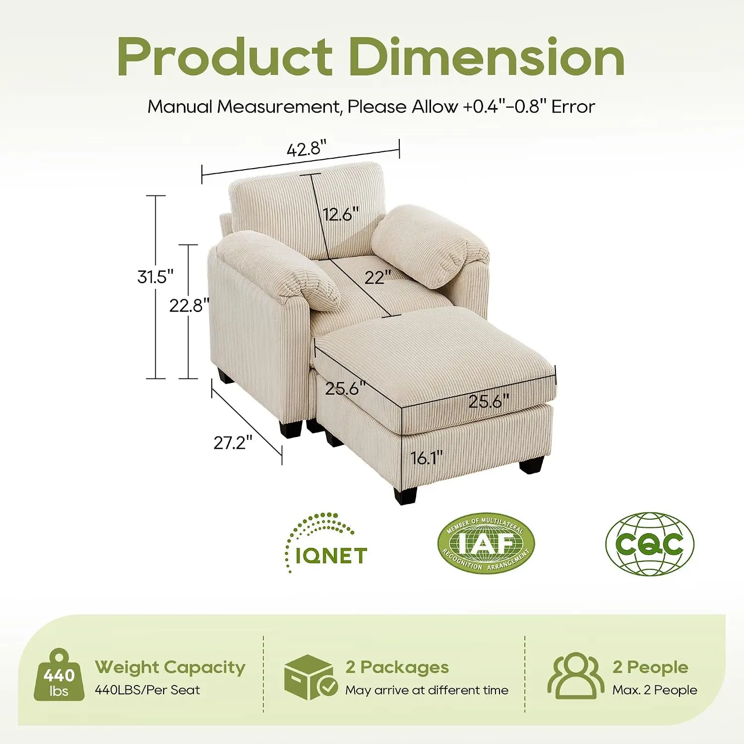 Modular Corduroy Sectional Sofa with Ottoman, Deep Seat Cloud Couch for Living Room with Throw Pillows, Center Stitched, Beige 2