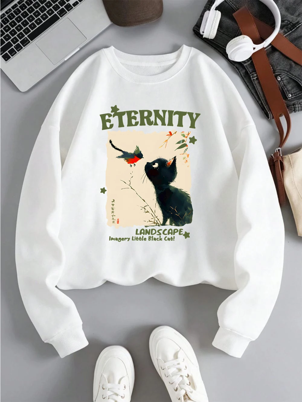 2025 automne hiver chat avec oiseau mignon imprimé sweats à capuche femmes polaire sweats pull décontracté confortable femmes vêtements