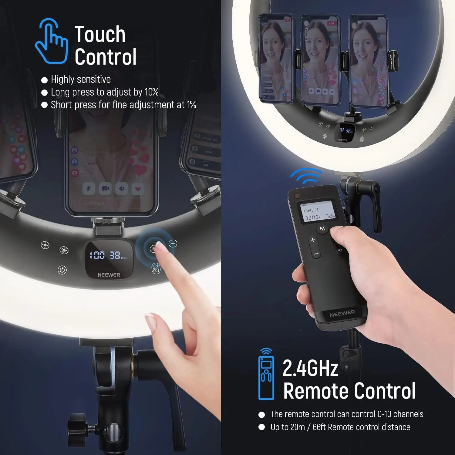 NEEWER Ring Light RP19H 19 inch with Stand and 3 Phone Holders Upgraded 2.4G and Touch Control  Professional for Streaming