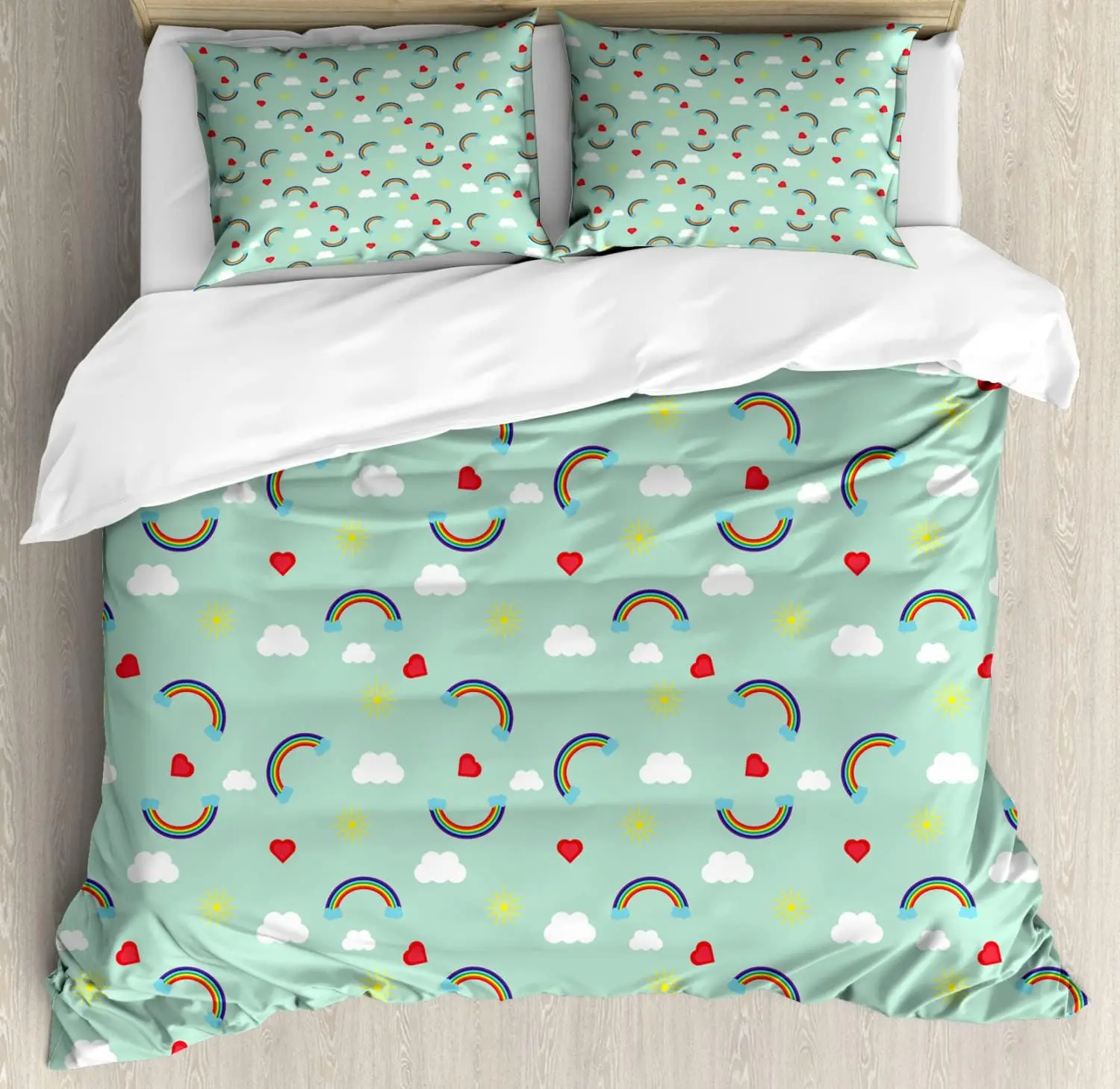Lovely Rainbow Duvet Cover Sun Crown Cloud Rain Bedding Set Stick Figure Art Comforter Cover Kids Bedroom Polyester Quilt Cover
