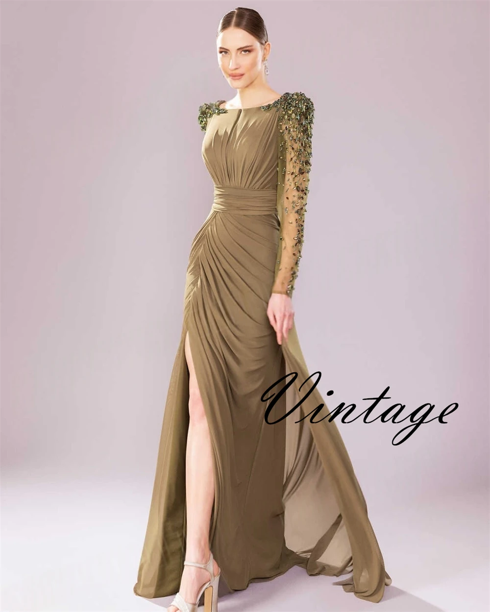 Abito da sera moderno in chiffon verde scuro personalizzato Abito da ballo squisito a maniche lunghe con scollo a cappella Abito da festa con cerniera sul retro