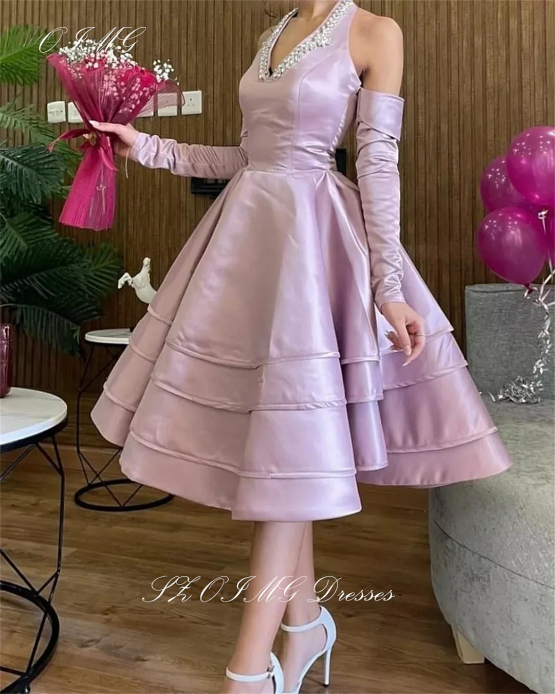 

OIMG Simple Short Prom Dresses Saudi Arabic Women Long Sleeves Satin Tiered Evening Gowns with Cape Occasion Formal Party Dress