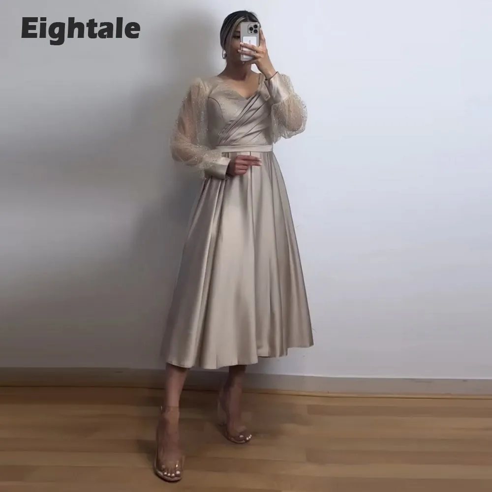 

Eightale Short Evening Dresses for Wedding Party V-Neck Glitter Long Puffy Sleeves Satin Champagne Celebrity Prom Party Gowns