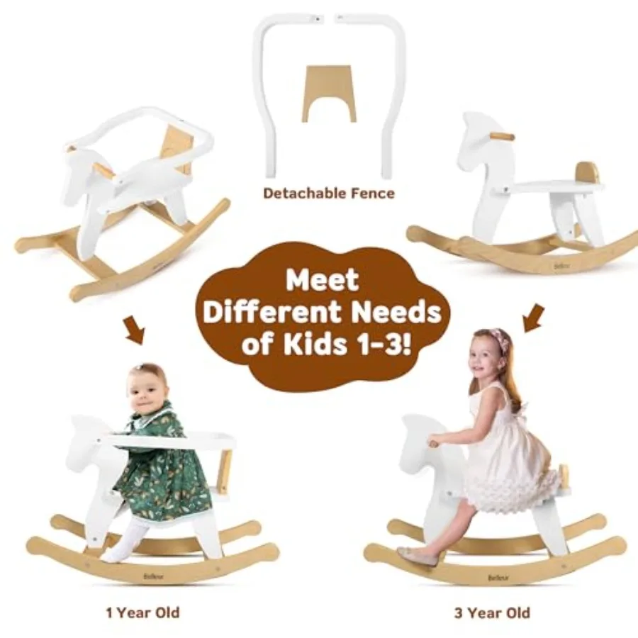 Rocking Horse for 1-3 Years Old, Wooden Rocking Toy for Toddlers with Removable Fence for Indoor and Outdoor Activities, Baby H