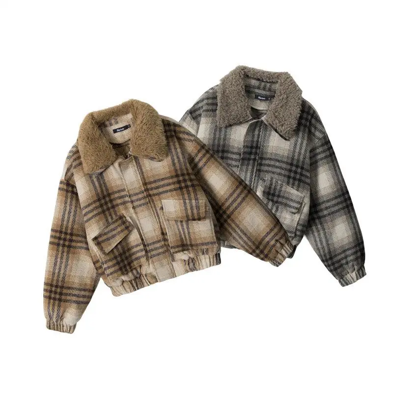 เสื้อโค้ทผ้าฝ้ายสำหรับผู้หญิง HeyHenry Thiened Lamb แต่งปกขนแกะ  บุซับในอุ่น  แบบมีซิป  ลายสก็อต