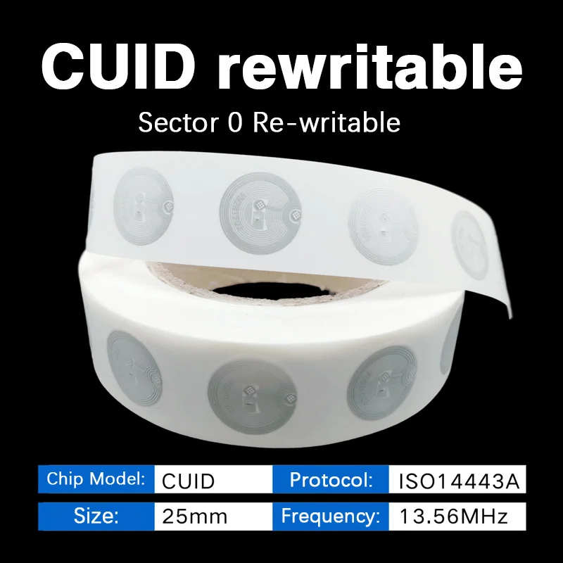 13.56mhz CUID changeable S50 1K RFID Sticker Wet Inlay NFC tag Sector 0 Block 0 UID Rewritable Proximity Card Copy Badge Clone