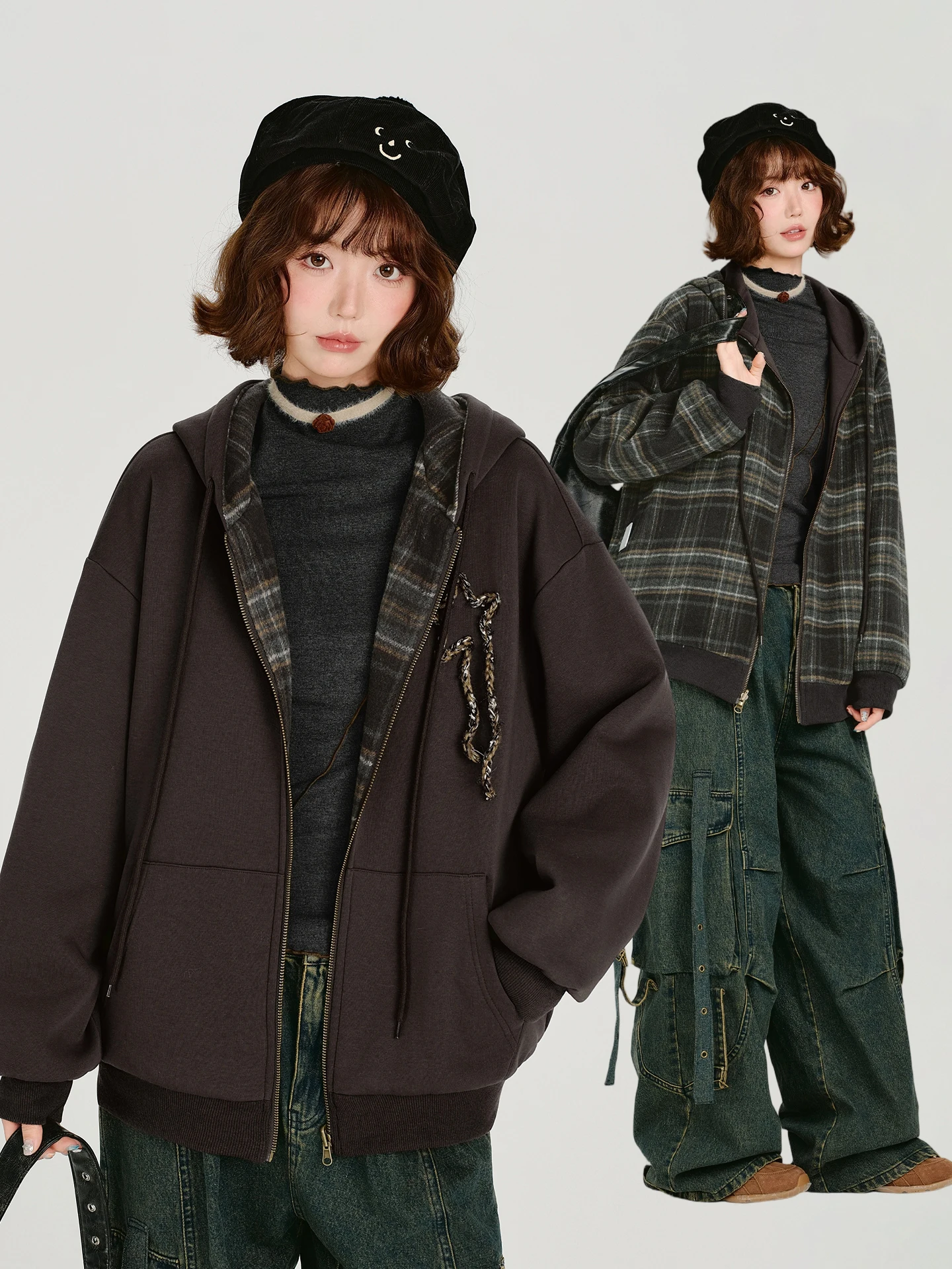 

Girly American Retro Plaid Double-Sided Wear Loose Women's Outerwear Autumn Winter New Design Casual Sle Hooded Jaet