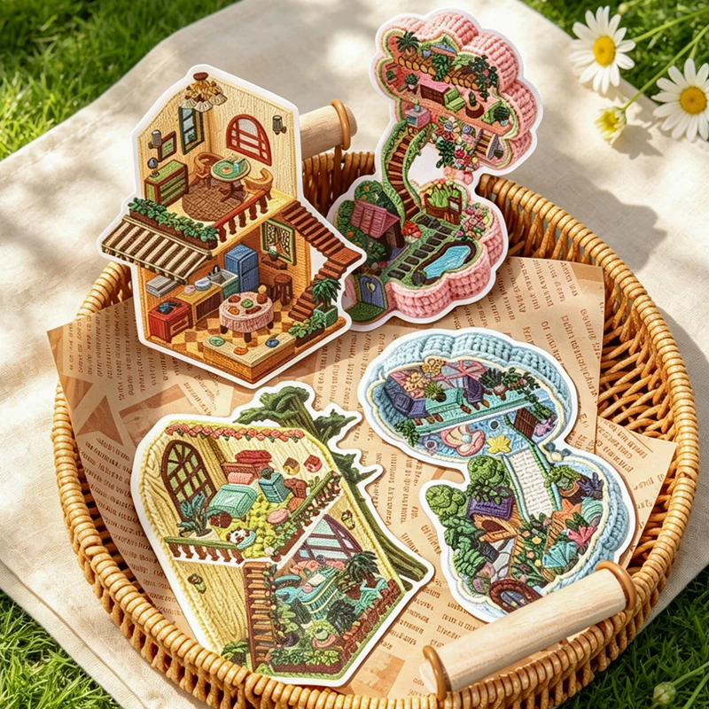JIANQI Kawaii Dream Home 3D Simulated knitting Landscape Sticker DIY Pocket Cabin Scene festival gift
