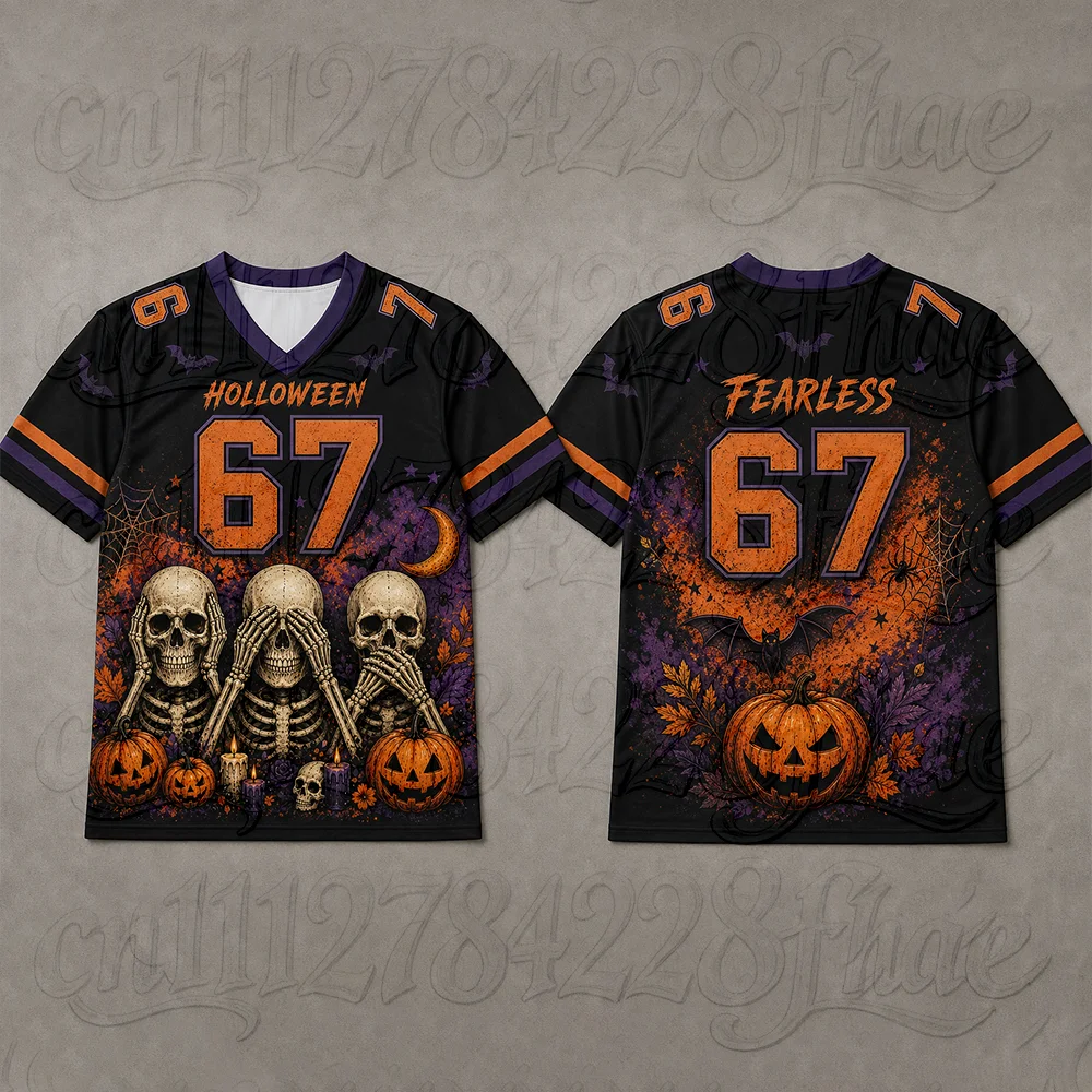 Funny Parent-Child Halloween Football Jersey 3D Printed Graphic Spooky Skeleton Novelty Kids Sport V Neck T Shirt Party Tops