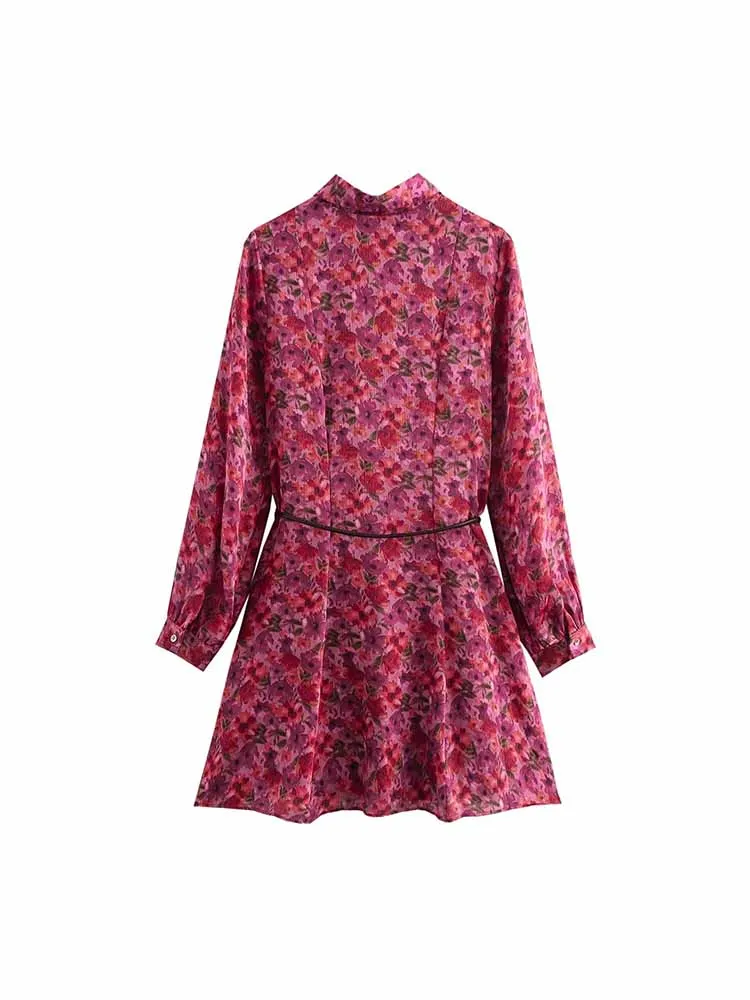 2024 autumn and winter new women\'s French fashion temperament with belt flower print mini long-sleeved dress