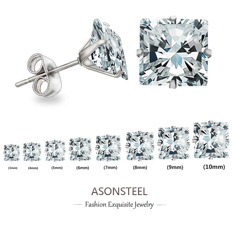 ASONSTEEL 10Pairs 2mm-10mm Square Cubic Zirconia Stud Earrings Stainless Steel White Black Crystal Piercing Wholesale Jewelry