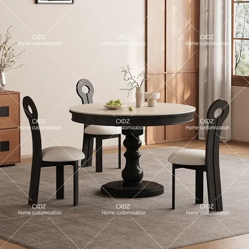 Medieval Travertine Rock Slab Dining Table Retractable Round Table for Small Apartment Living Room Black Finish
