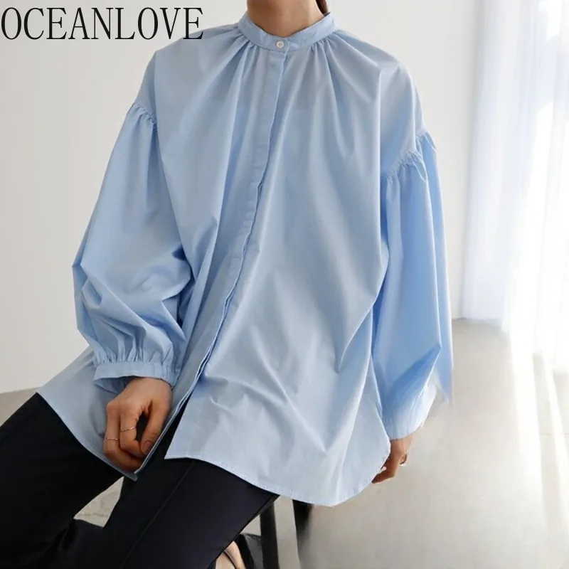 

OCEANLOVE Blouses Spring Autumn Solid Lantern Sleeve Simple Japanese Style Women Shirts Fashion Elegant Blusas Feminina