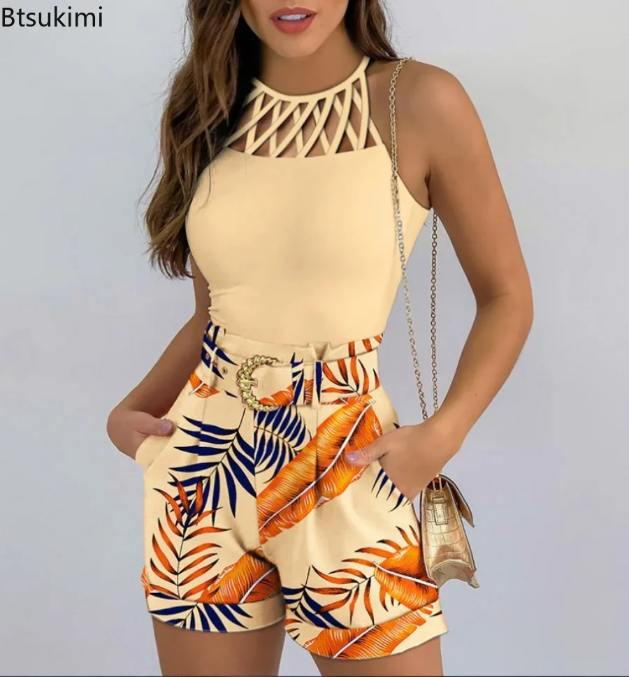 

Women Summer 2pcs Shorts Suit Sleeveless Cami Tank Top and High Waist Shorts Sets Female Two Pieces Mathing Sets Fashion Outfits