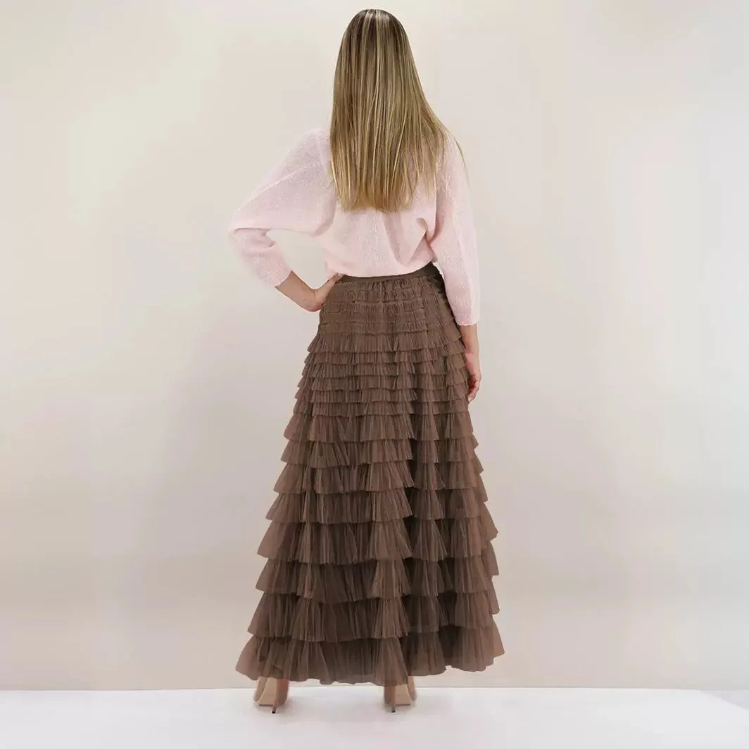 Summer Elegant Solid Color High Waist Gauze Cake Skirt Ruffles Fluffy Skirt High Waist Long Skirt French Dress Streetwear Y2K