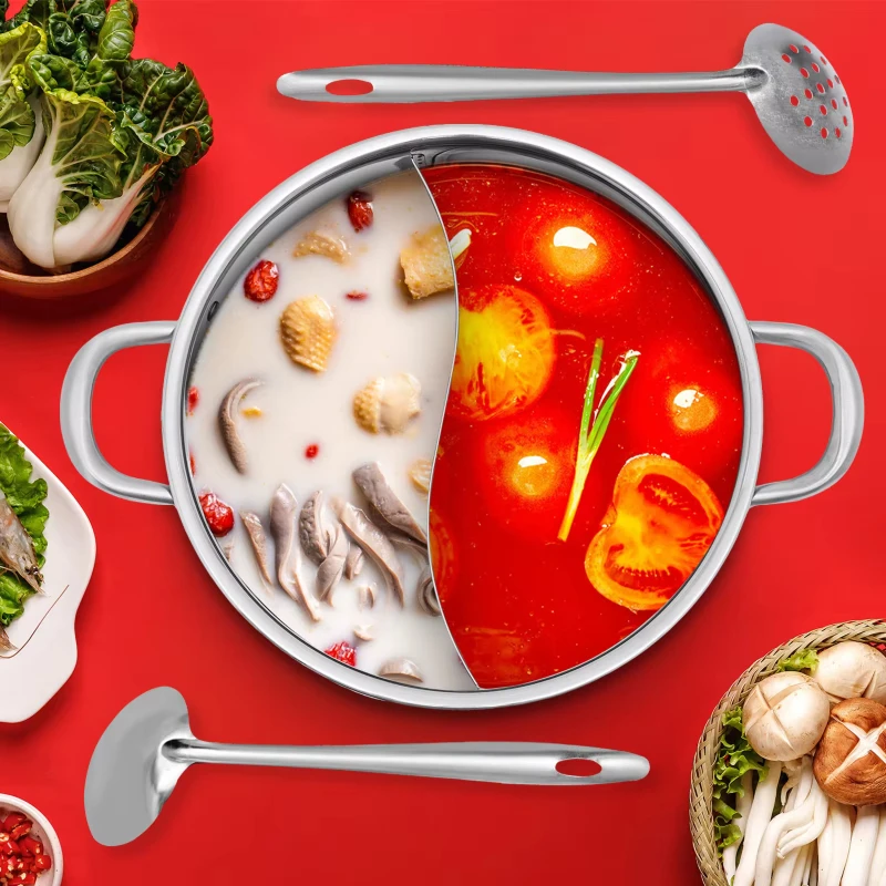 32cm Stainless Steel Hot Pot with Divider/Glass Lid and Spoon/ Leaky Spoon Large Capacity Suitable  Kitchens /Hotels Soup bowl