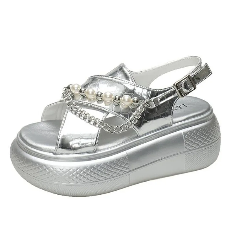 

Женские массивные сандалии с бусинами 7,5 см, новые летние пляжные тапочки на толстой подошве на танкетке, женские модные сандалии на высокой платформе Mujer