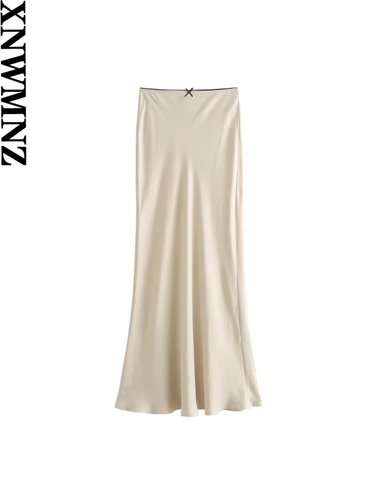 

XNWMNZ 2024 Women Fashion Satin Skirt High Waist Midi Skirt Stylish Women High Street Versatile Chic Elegant Female Skirt